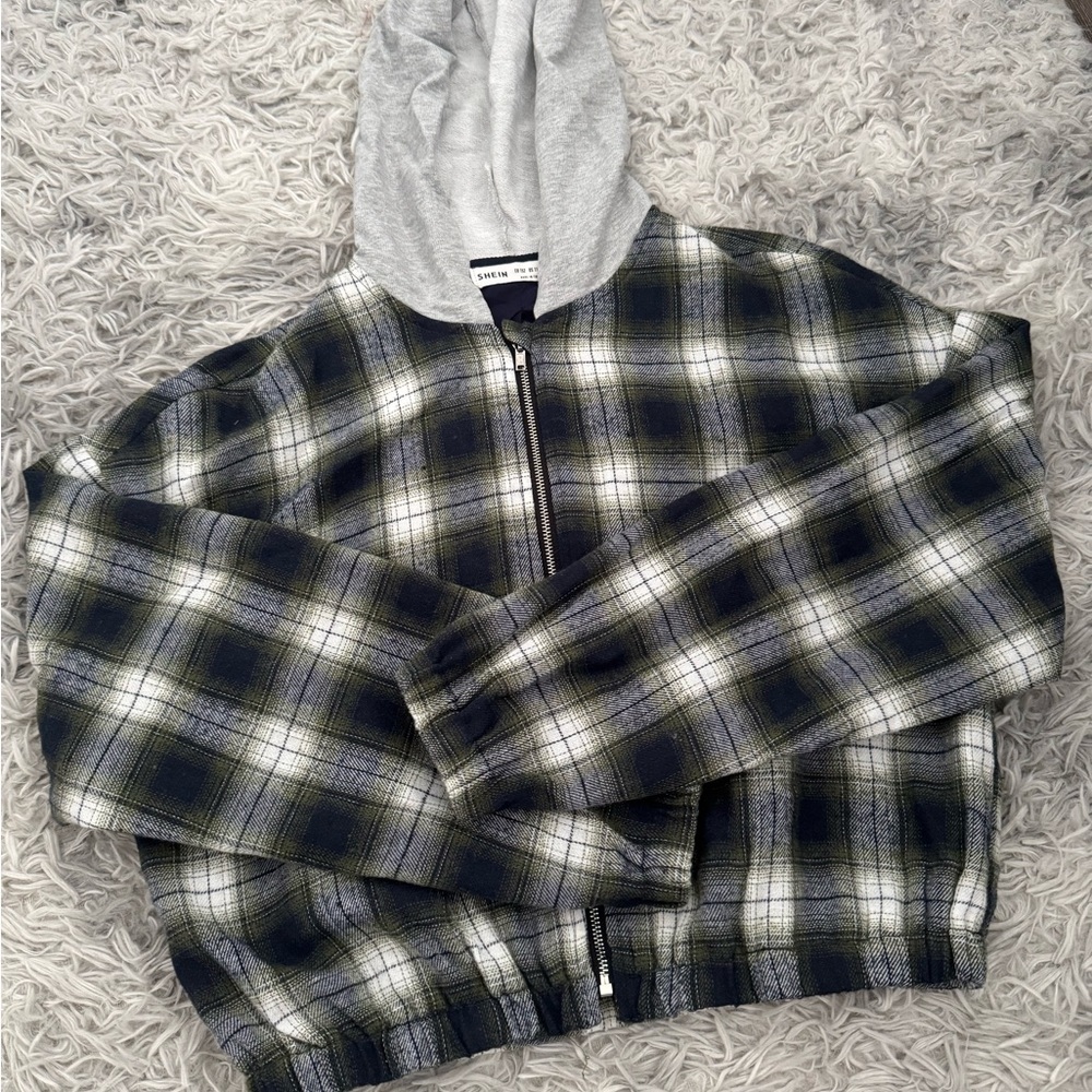 Plaid Zip-Up Sweater with Hood